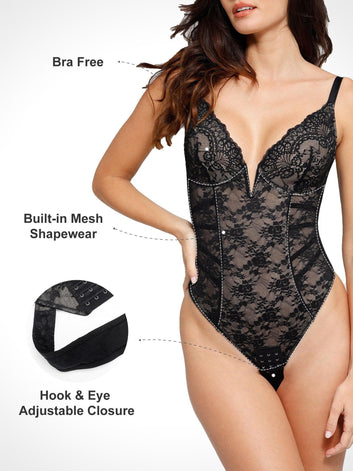 The Shapewear Bodysuit Deep V-Neck Lace Low-Back Thong