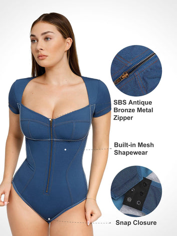 The Shapewear Bodysuit Denim V-Neck Short Sleeve