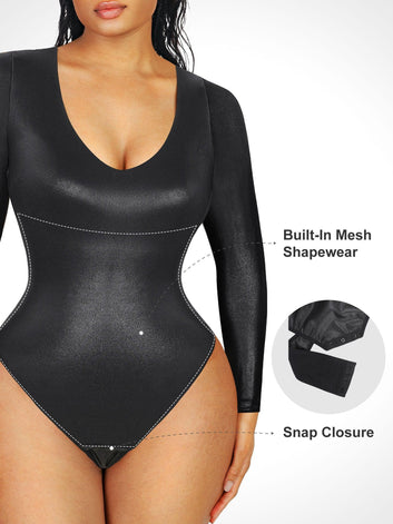 The Shapewear Bodysuit Long Sleeve Faux Leather V-Neck Thong