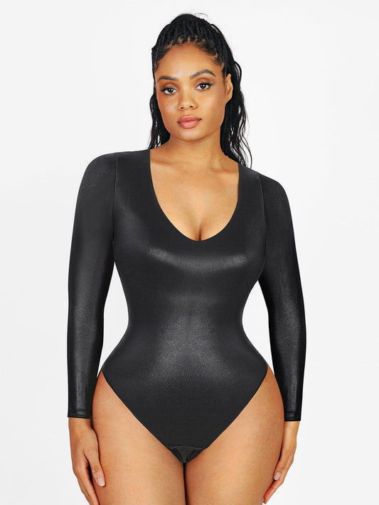 The Shapewear Bodysuit Long Sleeve Faux Leather V-Neck Thong