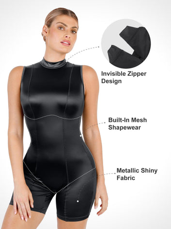 The Shapewear Romper Metallic Shiny One Piece Mock-Neck